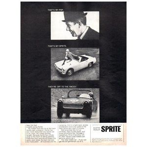 1965 Austin Healey Sprite Vintage Print Ad Sexy Girl on Hood Racing Sports Car
